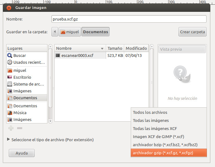 gimp programa guardar ficheros comprimidos